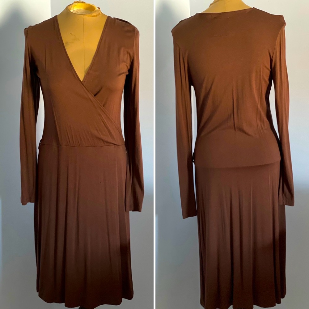 Esprit stretch cotton faux wrap dress with long sleeves